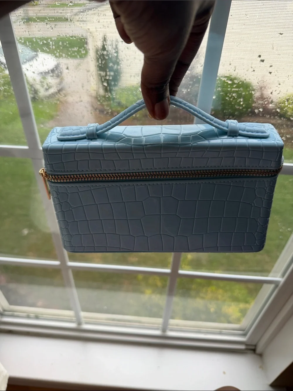 Light Blue Croc-Embossed Top-Handle Cosmetic Case